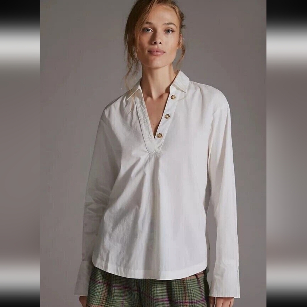 Anthropologie Mauve Henley Popover Long Sleeve Button Top White Size Small